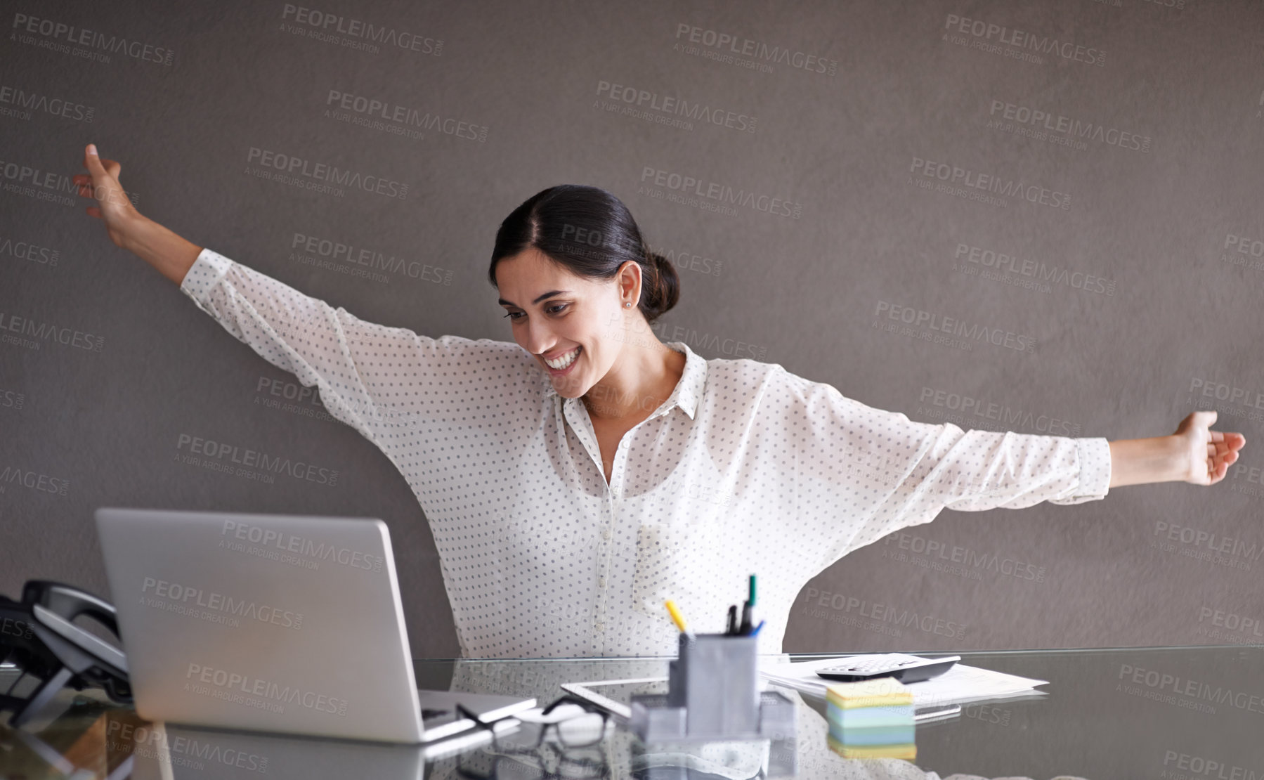 Buy stock photo Happy, celebration and woman with laptop in office for good news, job promotion or career achievement. Smile, professional and female financial advisor with completed finance project on computer.