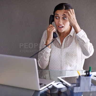 Buy stock photo Confused, woman and phone call in office for conversation on work, communication and uncertain for small business. Female person, talking and discussion on startup company with laptop for research.