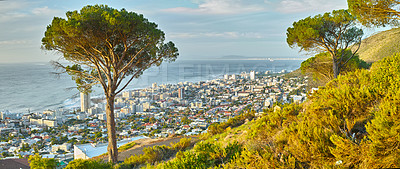 Buy stock photo Cape Town, nature and adventure in South Africa for travel, journey and green with plants and trees. Landscape, sea and holiday or vacation for freedom, buildings and architecture for location