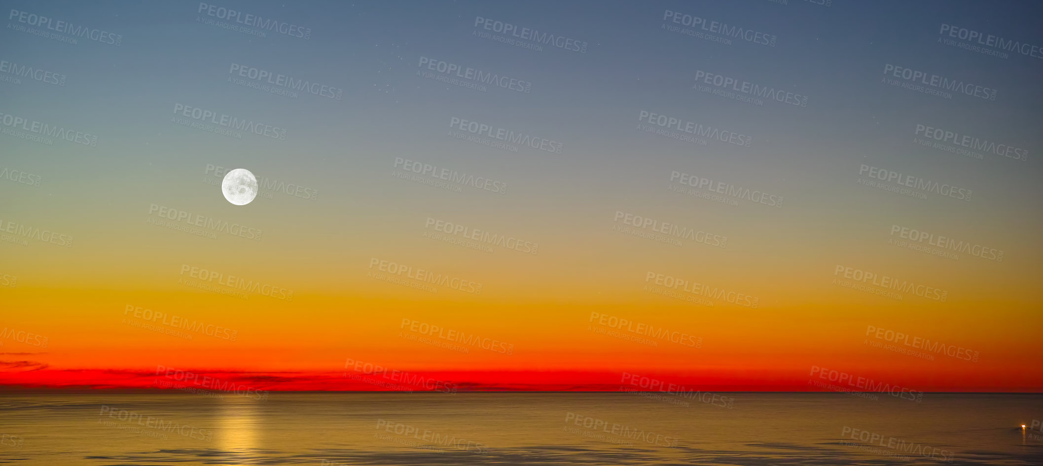 Buy stock photo Ocean, moon and sky with sunset background for environment, summer and holiday on a banner mockup. View of landscape with horizon, skyline and evening for peace, zen and travel or vacation with space
