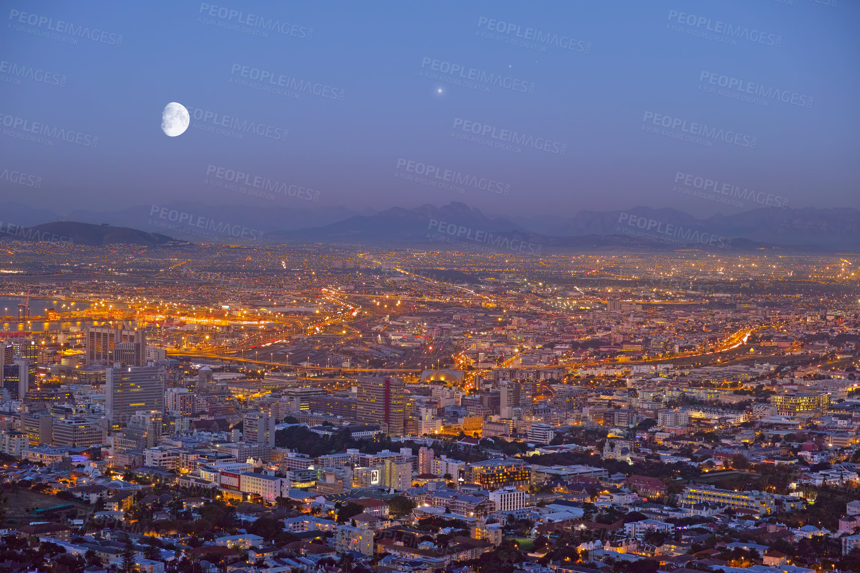 Buy stock photo City, Cape Town and night view of building lights and architecture in the industrial urban town of South Africa. Late evening of outdoor scenery of moon or sky over buildings or cityscape structures