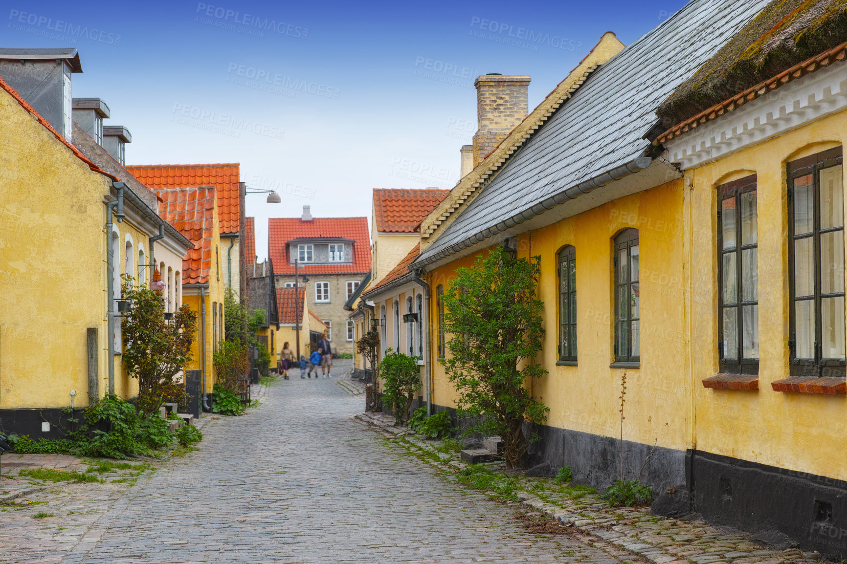 Buy stock photo Old yellow houses located in Dragoer, Denmark. Tiny ancient houses in historical city. Alleys with yellow painted houses, red roofs, and cobblestone streets built in the traditional Danish style 