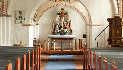 Buy stock photo National Church of protestant faith in Denmark. Inside the 800 year old Danish National Church of protestant faith. A traditional ancient church with rows of benches, gold detail and nave or chancel