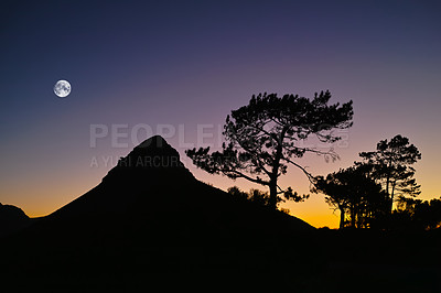 Buy stock photo Silhouette, mountains and night with sky background for travel, adventure and tourism in Cape Town. Shadow of landscape, trees and nature with moon, sunset or skyline for outdoor view in South Africa