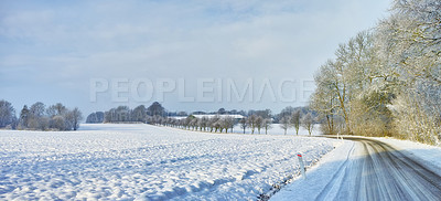 Buy stock photo Snow, road or forest with countryside travel, holiday and vacation scenery in Denmark or nature. Background, sky or street for journey, tourism or outdoor adventure with woods, trees or winter season