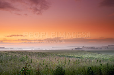 Buy stock photo Sunset, nature and green field with mist on mountain, peace and plants in countryside in sustainable environment. Outdoor, travel and landscape of meadow in denmark and hiking destination for tourist