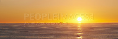 Buy stock photo Ocean, sunset and sun on horizon on tropical island and tourism destination for summer vacation in nature. Blue sky, clouds and golden sky on torrey pines beach, landscape and sunshine for salutation