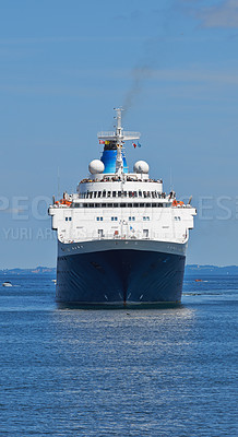 Buy stock photo Ship, water and sailing at sea to travel with smoke, windows and transportation for vacation journey. Vessel, blue sky and ocean with yacht for tourism, holiday and adventure with skyline and nature