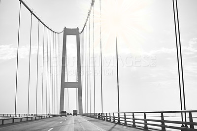 Buy stock photo Cars driving along 'The Great Belt' suspension bridge in Denmark
