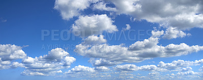 Buy stock photo Blue sky, cloud and banner with weather of nature, outdoor climate or natural scenery in the air. Landscape with clean ozone, view or skyline of heaven, condensation or cloudy day in the atmosphere