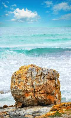 Buy stock photo Water, beach and freedom for travel, vacation or summer holiday, seascape or adventure in nature. Ocean, rock or boulder in New Zealand for tropical paradise, peace or relax with stress relief at sea