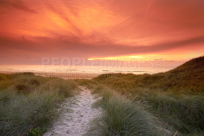 Buy stock photo Sunset, grass and pathway to ocean or beach, nature and sand in road. Sea, landscape and environment for walking in summer evening, travel and destination for relax or peace with scenery sky