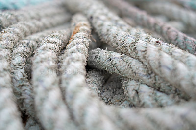 Buy stock photo Macro, boat rope and textile with texture, nautical equipment for navigation and rigging with bundle of material. Weave, grunge or distressed cable for fishing or sailing, wool and pattern with gear