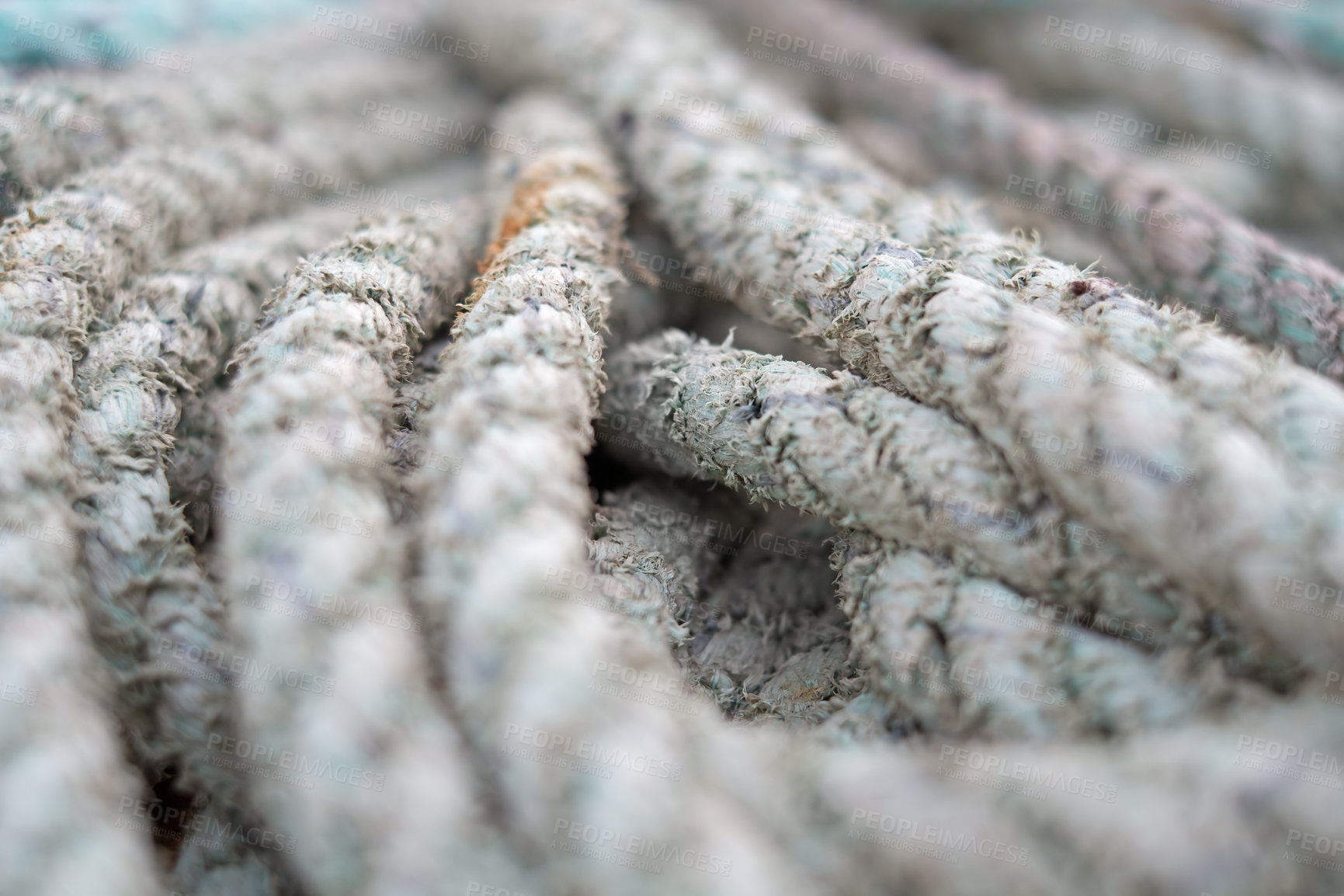 Buy stock photo Macro, boat rope and textile with texture, nautical equipment for navigation and rigging with bundle of material. Weave, grunge or distressed cable for fishing or sailing, wool and pattern with gear