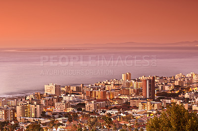 Buy stock photo Drone, city and buildings with travel and sunset, architecture and skyscraper with outdoor landscape. Property, real estate and urban development, pink sky in location with aerial view and background