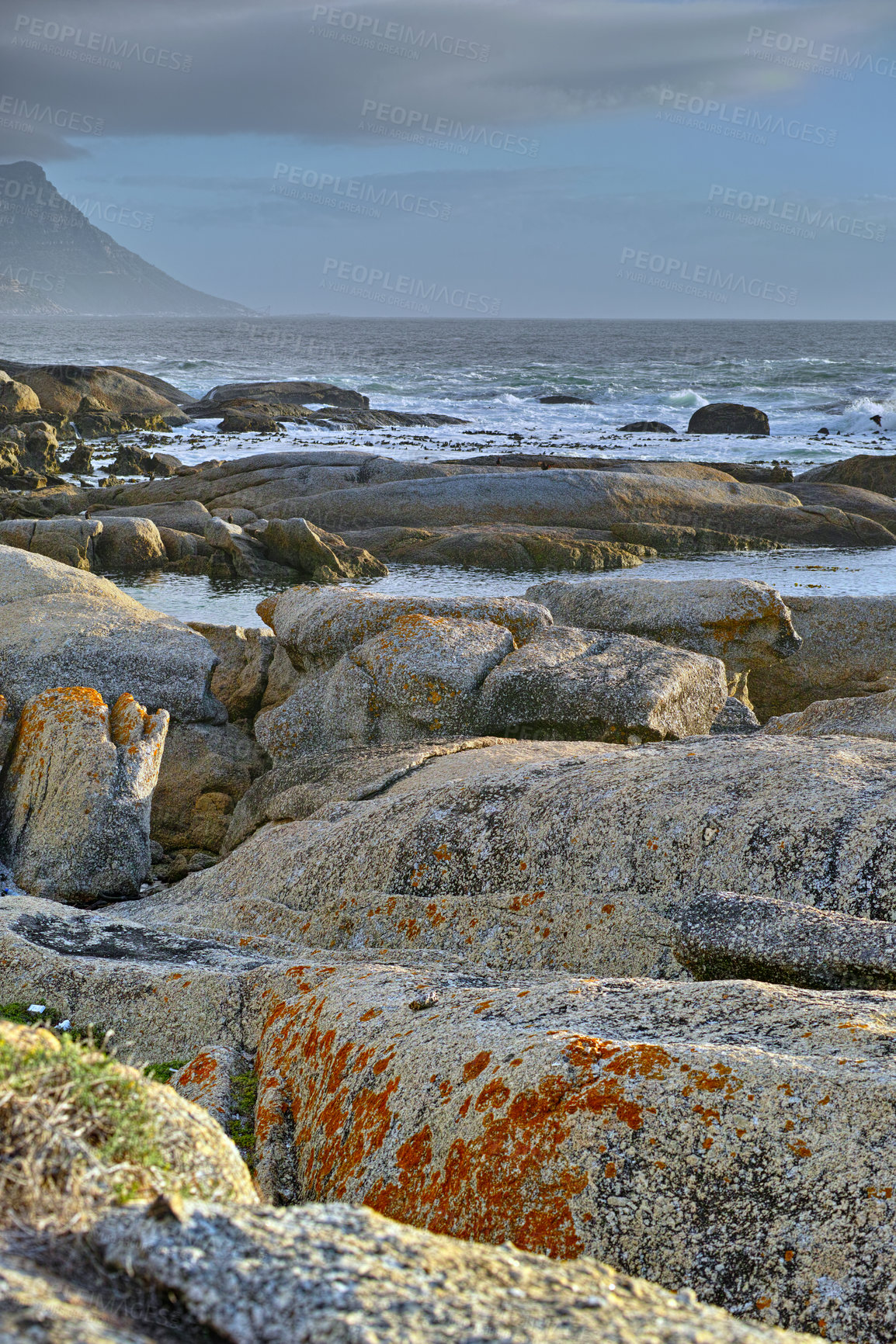 Buy stock photo Ocean, rocks and landscape with beach and waves, travel with summer vacation and outdoor. Environment, sea view and seaside location with tropical destination and journey with nature and adventure