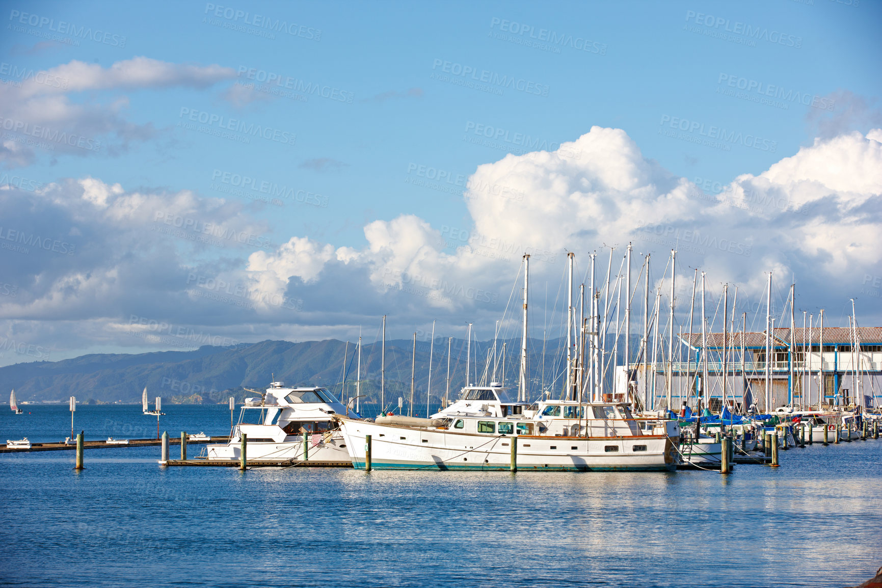 Buy stock photo Harbor, ship and port in nature outdoors, travel and yacht on holiday or vacation or location. Marina, seaside and boat on water for peace or calm at dock, cruise transport and ocean or sea on island