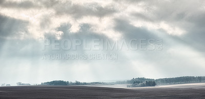 Buy stock photo Sky, clouds or sunshine in nature, outdoor or climate with field, land or heaven background. Countryside, cloud or natural environment for meteorology, weather and air with light, remote or landscape
