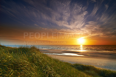 Buy stock photo A scenic sunset over a Danish beach
