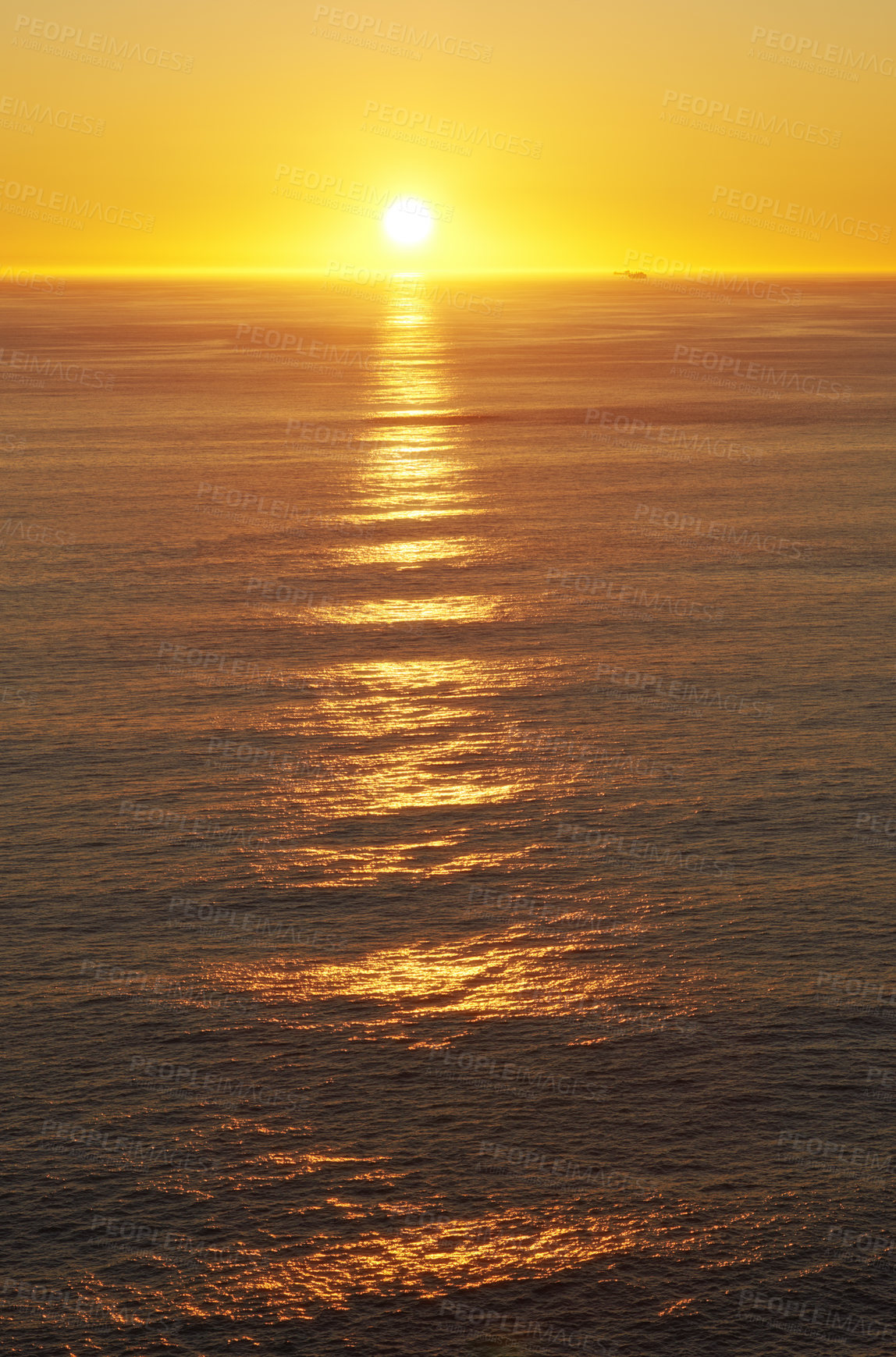 Buy stock photo Ocean, sunset and landscape of water scenic view, environment and waves in sea. Tropical island, clouds and golden sky on beach sunshine, summer or evening and peaceful for travel or holiday