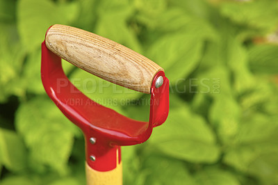 Buy stock photo Garden, tool and spade for nature closeup, environment and planting equipment for growth and agriculture. Greenery, ecology and plant in sunshine, for spring and natural conservation with maintenance