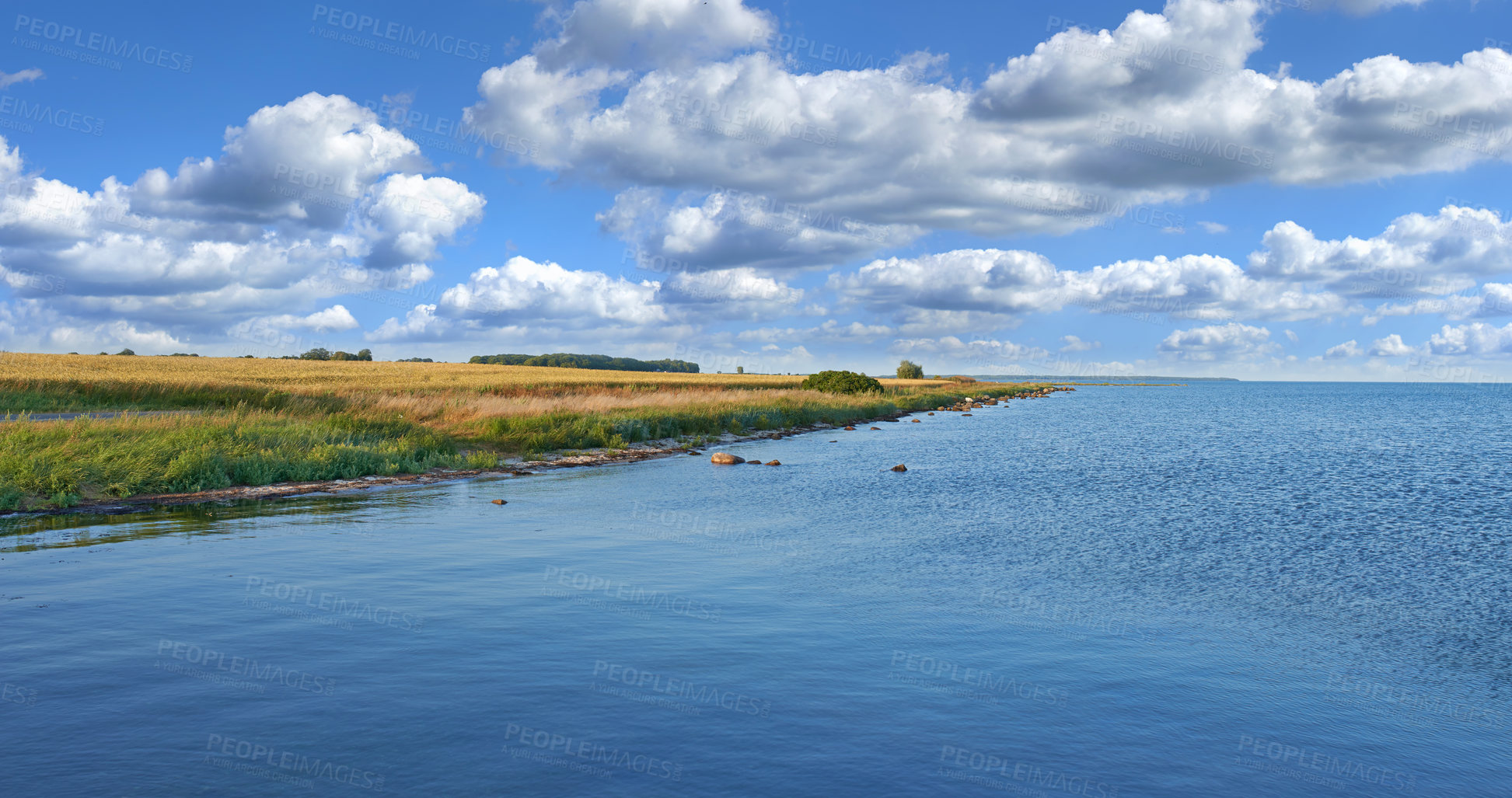 Buy stock photo Lake, field and landscape with sky in nature, bush and environment in sunshine with horizon. Water, river and dam with clouds, sustainability and ecology with grass, summer and countryside in Denmark