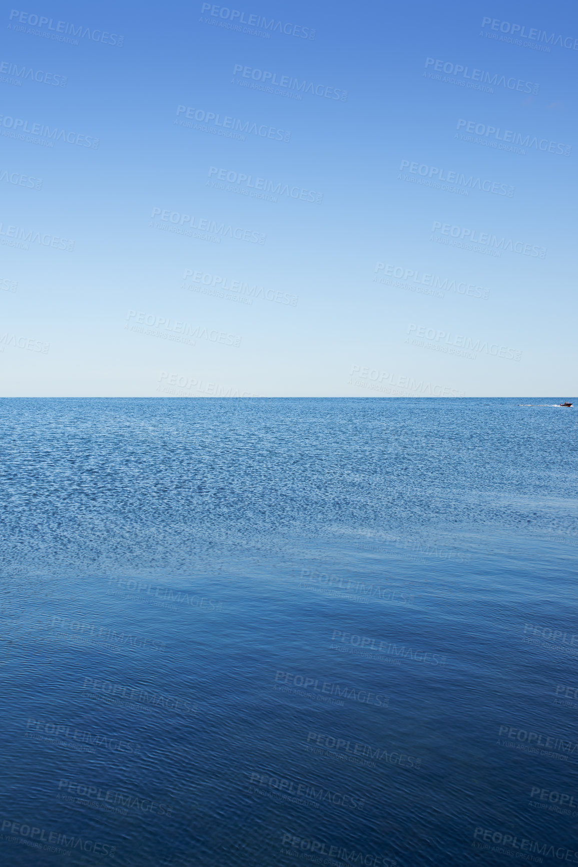 Buy stock photo Blue sky, nature and drone of ocean by beach for travel, vacation or holiday with skyline and seascape. Outdoor, water and aerial view of sea by tropical island for scenic summer weekend trip.