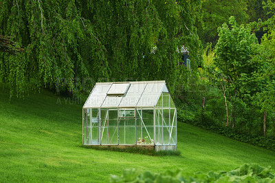 Buy stock photo A greenhouse standing in a lush garden