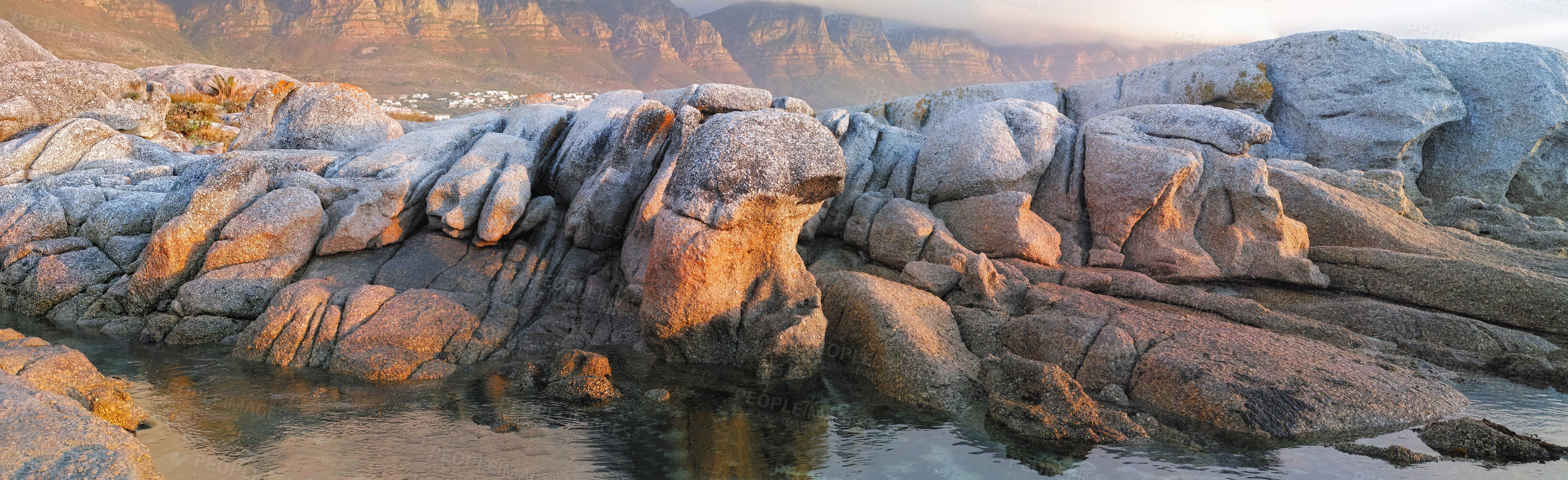 Buy stock photo Nature, sea and rocks by ocean in South Africa for travel destination, holiday and vacation. Natural background, landscape and waves, stone and water for scenic view in environment, ecosystem or trip