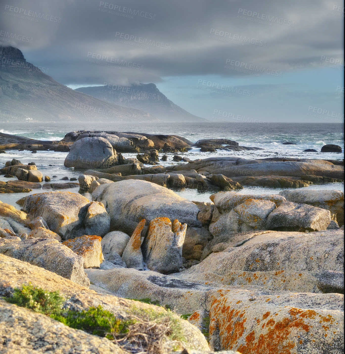 Buy stock photo Sea, rocks and landscape with beach and waves, travel with summer vacation and outdoor. Environment, ocean view and seaside location with tropical destination and journey with nature and adventure