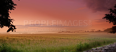 Buy stock photo Sunlight, grass field or fog in countryside, pasture or landscape, for meadow, panorama or wallpaper. Mist, dramatic sky or sunrise for serenity, natural or colorful scenery of peaceful grassland