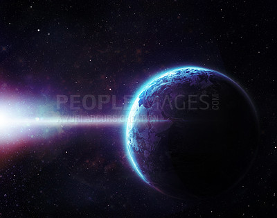 Buy stock photo Planet, space and sunrise with cosmos, astrology and satellite view of globe. Earth, sea and sky with creative, outer space and aerospace image of morning or night time for unity or ozone discovery