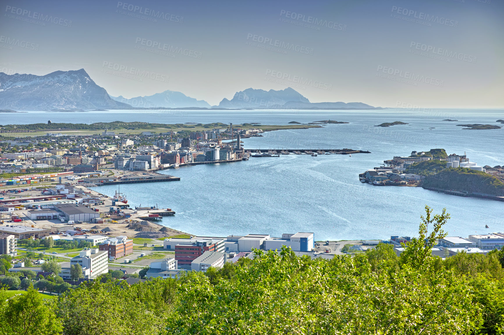 Buy stock photo Aerial, coastline and city by ocean in South Africa for tourism, traveling and global destination. Landscape, background and scenic view of sea by buildings in town for nature, vacation and holiday