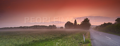 Buy stock photo Road, field and nature landscape or farm environment at sunset or countryside travel, journey or sustainable. Street, grassland and forest as panorama scenery or outdoor in England, fog or meadow