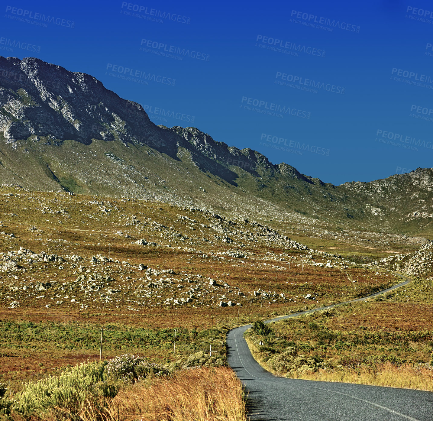 Buy stock photo Road, mountain and travel with countryside, direction and destination with asphalt and nature. Environment, street and country landscape with journey and traveling view outdoor with blue sky horizon