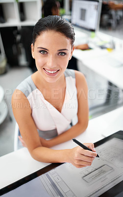 Buy stock photo Portrait, woman or pen on screen for architecture, creation or digital design project in office. Female person, architect and monitor on technical software for rendering of illustration or visual