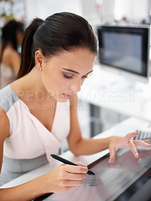 Buy stock photo Graphic designer, touch and digital pen on display in art, design or creation of nft media. Female artist, woman and screen on technical software for creative, rendering and illustration of artwork