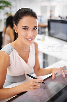 Buy stock photo Portrait, graphic designer or touch on digital, pen or display in nft, design or creation of artwork. Woman, smile or hand on monitor for technical, rendering or illustration of visual media