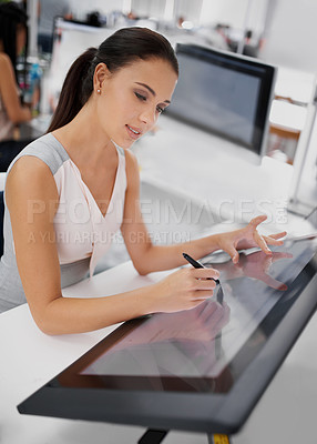 Buy stock photo Woman, touch screen or digital pen in graphic design, art or creation of nft media project in office. Female person, designer and monitor on creative software for rendering of illustration or artwork