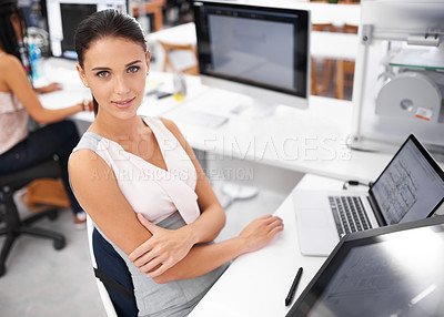 Buy stock photo Woman, portrait or graphic designer with arms crossed, technology or media project in office. Female person, workspace or modern desktop monitor on creative software for startup, online or business