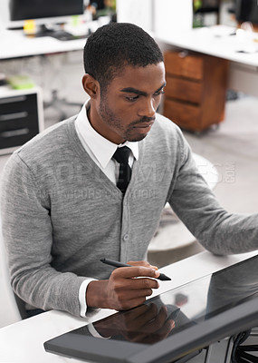Buy stock photo Graphic designer, computer and drawing in office professional, workplace and creativity in formal clothes. Male person, concentrate and connectivity with screen, working and sitting in table