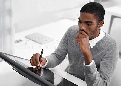 Buy stock photo Tablet, drawing and young man designer in office for creative project for sketch. Thinking, industry and African architect work on digital blueprint or illustration with technology in workplace.