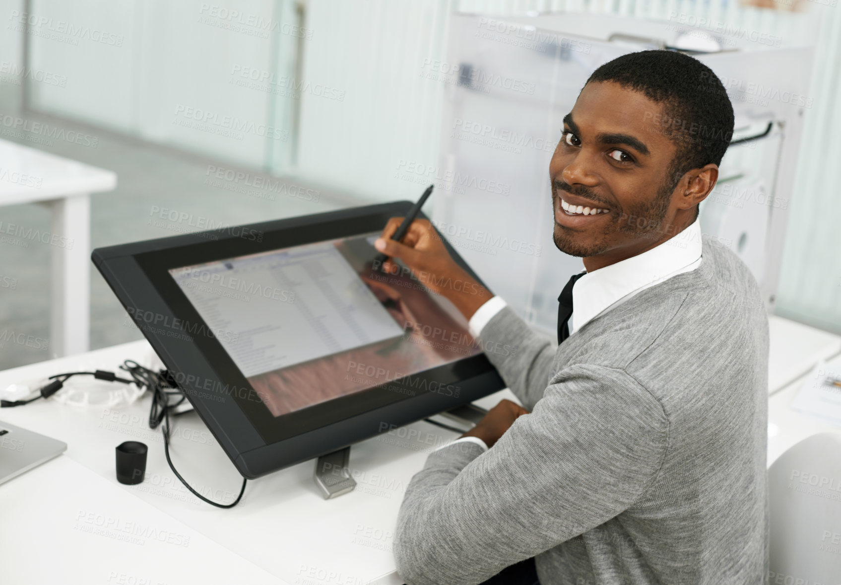 Buy stock photo Happy, drawing and portrait of man with tablet designer in office for creative project for sketch. Smile, industry and African architect work on digital blueprint or illustration with technology.