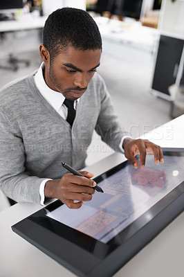 Buy stock photo Tablet, drawing and black man designer in office for creative project for sketch. Serious, industry and African architect working on digital blueprint or illustration with technology in workplace.