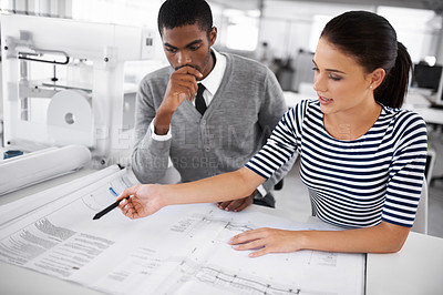 Buy stock photo Business people, paper and blueprints for planning in office, collaboration and discussion for logistics. Coworkers, architect and communication on construction of building, project and cooperation