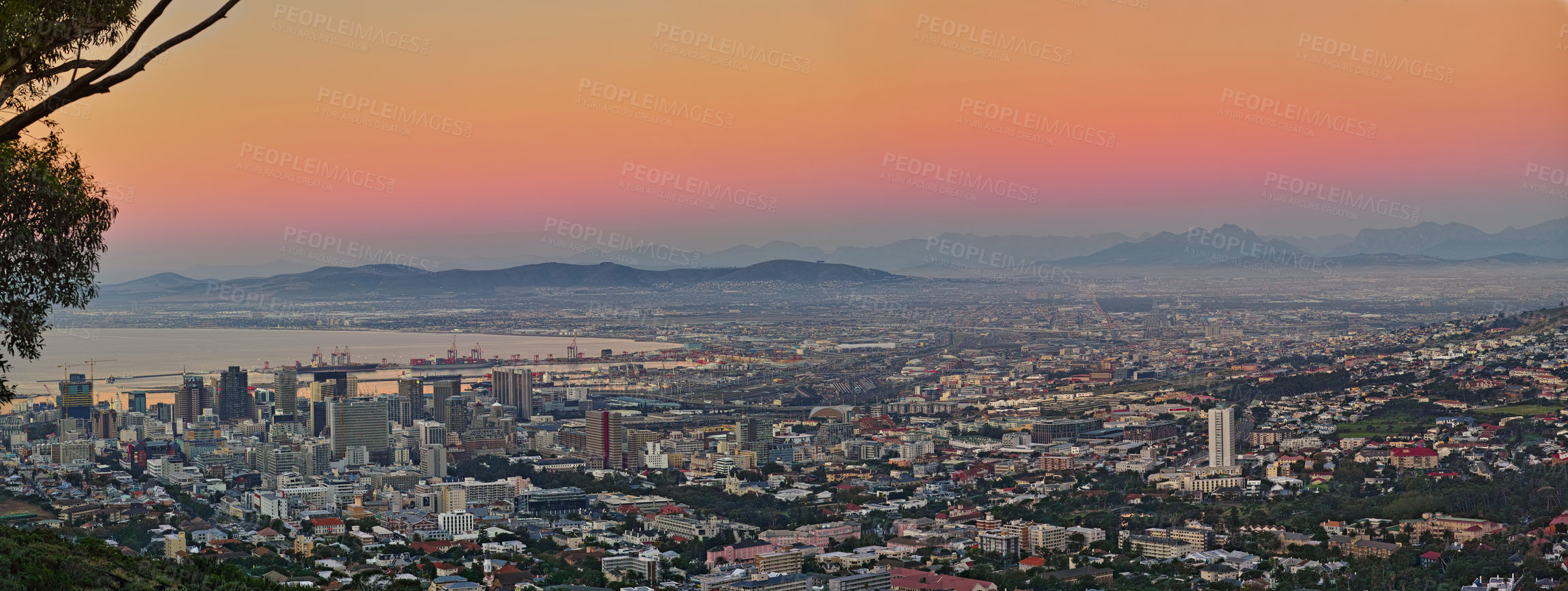 Buy stock photo Sunset, architecture and city of Cape Town in South Africa for travel, journey and adventure in nature. Landscape, sea and holiday or vacation for freedom, above and mountain as location for tourists