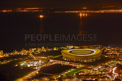 Buy stock photo Night, city and top view with travel and lights, architecture and skyscraper with outdoor landscape. Property, real estate and urban development, destination or location with skyline and background