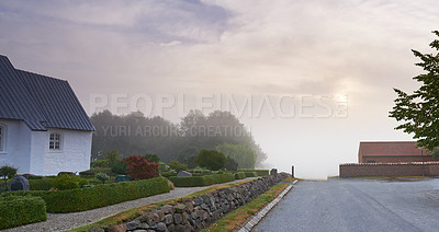 Buy stock photo Home, road or village with countryside travel, holiday and vacation scenery in Denmark or nature. Background, sky or street for journey, tourism or outdoor adventure trip with woods, trees or clouds