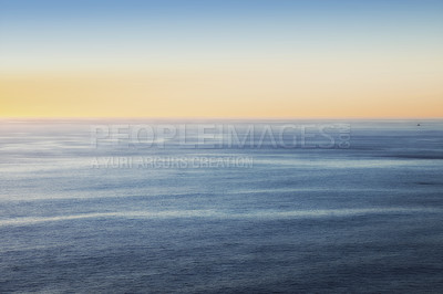 Buy stock photo Ocean, sunset and horizon or water environment for tropical holiday on paradise island for summer, location or outdoor. Sea, calm and evening sky in Hawaii for travel destination, weekend or vacation