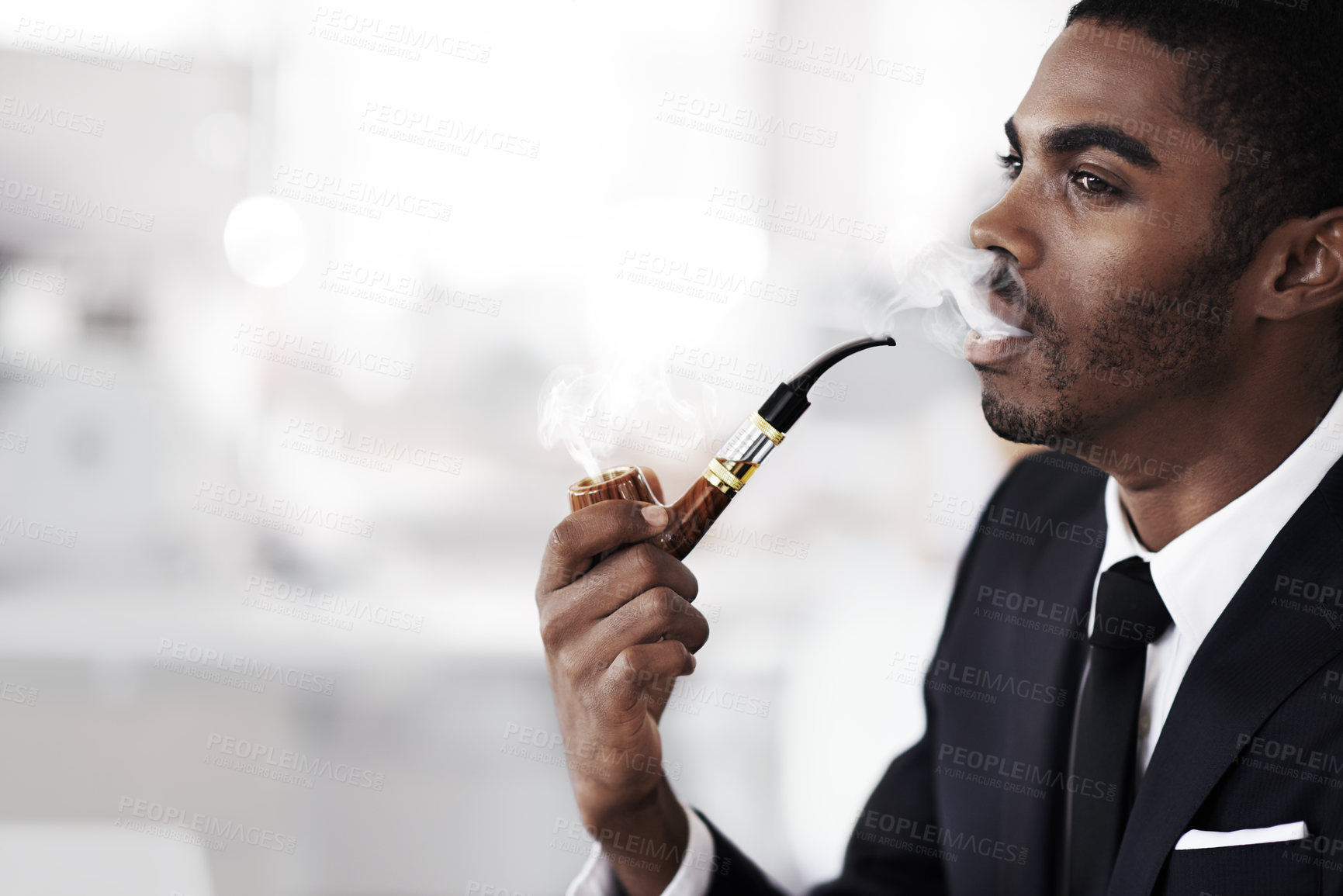 Buy stock photo Businessman, smoking and vaping in office electronic  cigarette and tobacco in formal clothes or outfit. Black man, corporate and thinking or ideas in workplace and salesman in company or career